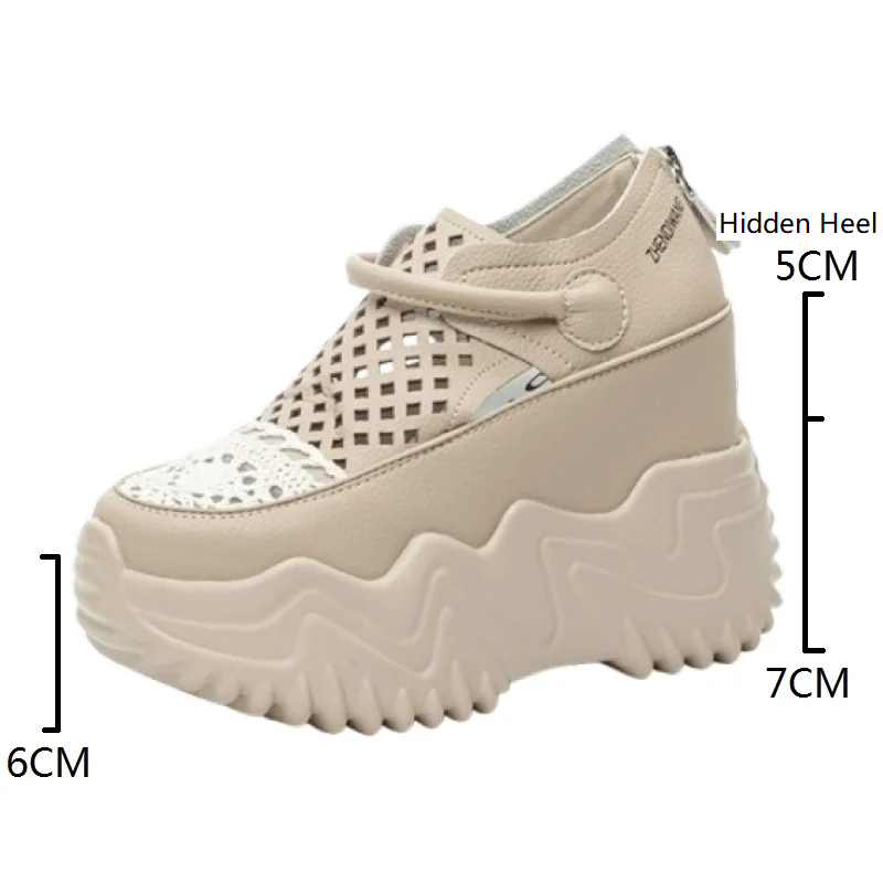 Women's Summer New Fashion Slim 12 CM Hidden Heel Genuine Leather & Mesh Breathable Cut Out Zipper Comfort Casual Gladiator Shoes 60317