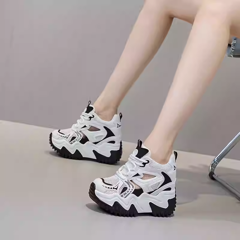 Women's Spring Summer New Slim 12 CM Hidden Increasing Genuine Leather & Mesh Cut Out Closed Toe Lace Up Platform Sandals 60317