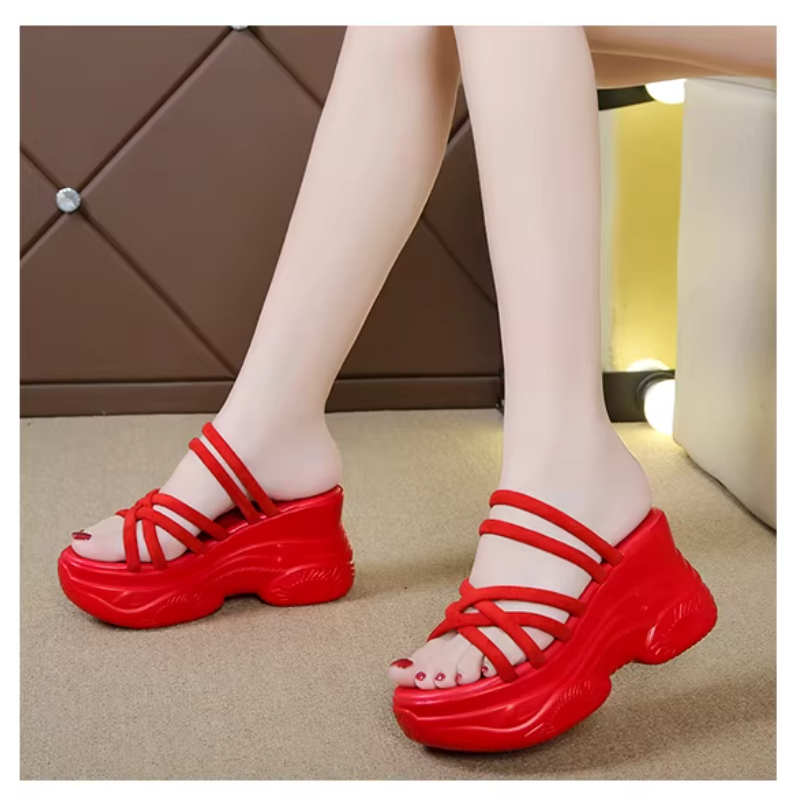 Women's Summer New Fashion Slim Fit 8 CM Platform Cross Strap Peep Toe Shoes Narrow Band Cut Out Wedge Round Toe Slippers 60317