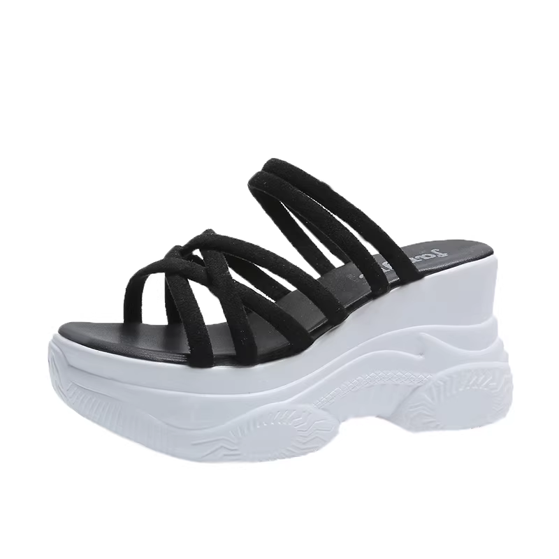 Women's Summer New Fashion Slim Fit 8 CM Platform Cross Strap Peep Toe Shoes Narrow Band Cut Out Wedge Round Toe Slippers 60317