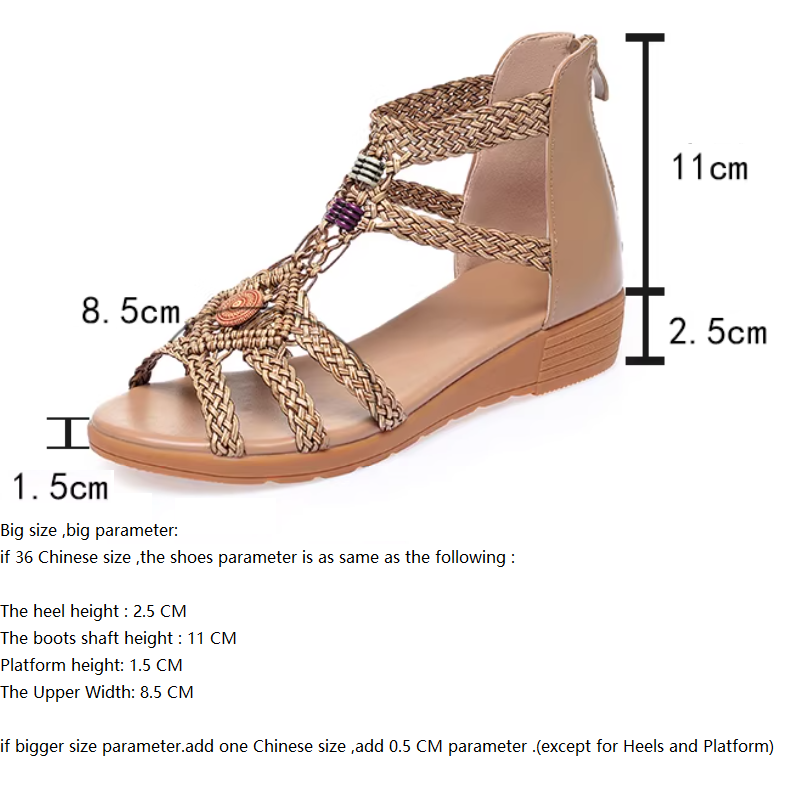 Women's Summer New Slim 7 CM Wedge Heel Thick Sole Genuine Leather Woven Cut Out Beaded Open Toe Zipper Platform Plus Size Sandals 60317