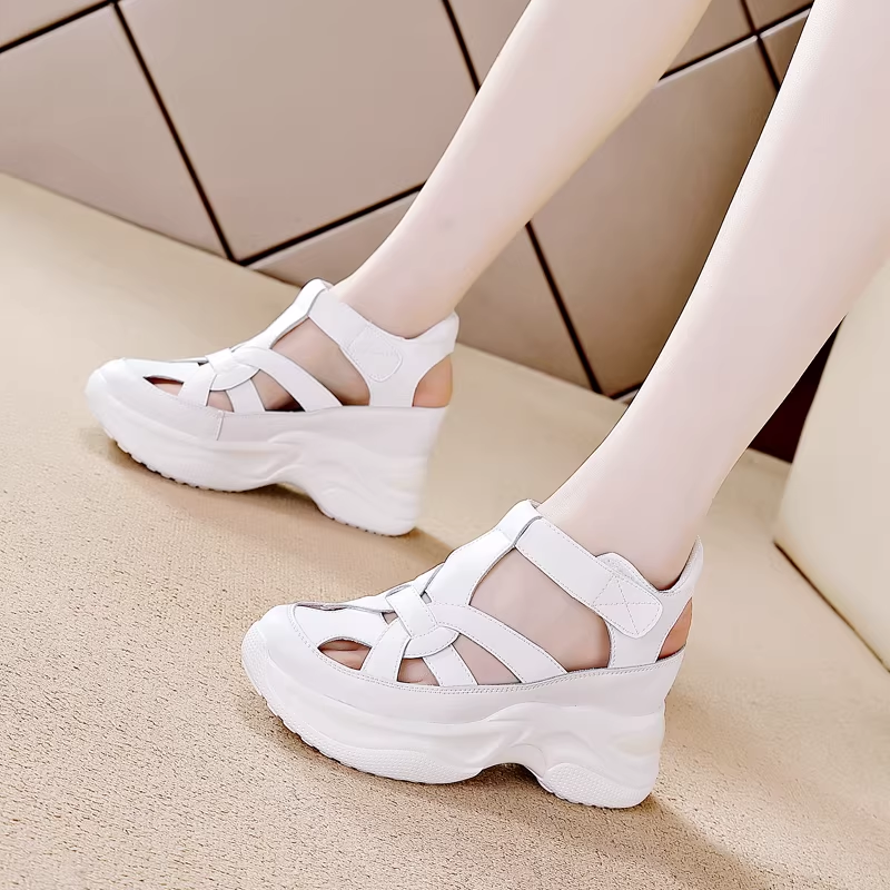 Women's Summer New Slim 8 CM Wedge Heel Genuine Leather Cross - Strap Hook & Loop Belt Buckle Backless Cut Out Gladiator Sandals 60317