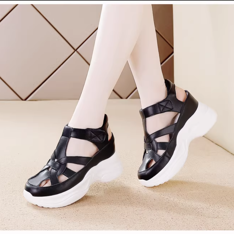Women's Summer New Slim 8 CM Wedge Heel Genuine Leather Cross - Strap Hook & Loop Belt Buckle Backless Cut Out Gladiator Sandals 60317