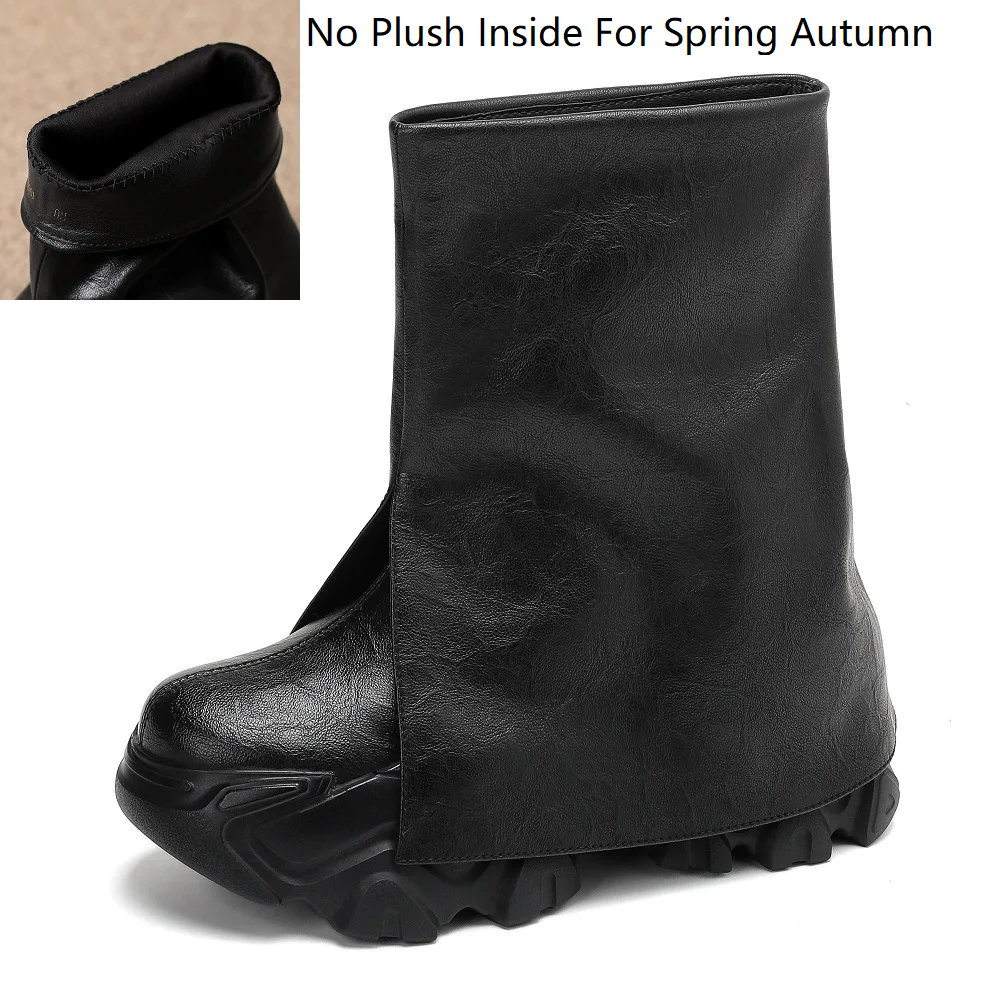 10 CM Genuine Leather Black Height Increasing Women's Autumn Trouser Leg Boots Winter Plush Warm Concise Platform Casual Versatile Ankle Boots 60318