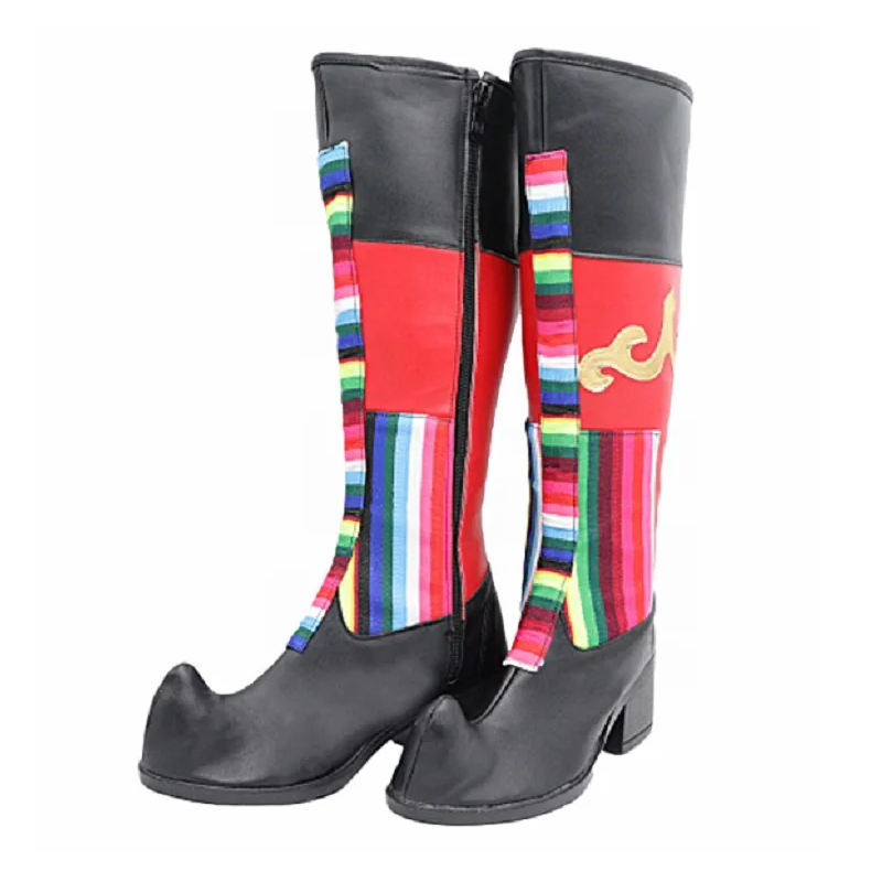 Women Fashion Mixed Colors Square Heels Knee High Boots Chinese Traditional National Style Cocked Toe Dance Show Shoes 60318