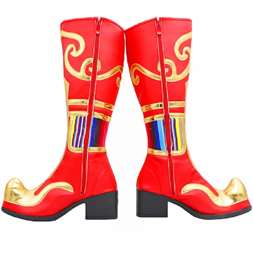 Women Fashion Mixed Colors Square Heels Knee High Boots Chinese Traditional National Style Cocked Toe Dance Show Shoes 60318