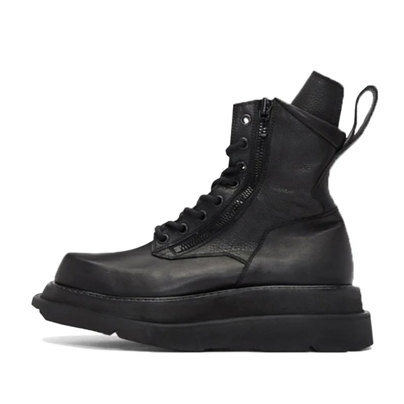 Spring Autumn New Retro Chunky Bottom Platform Sewing Genuine Leather Men Mid-Calf Riding Equestrian Boots Winter Plush 60318