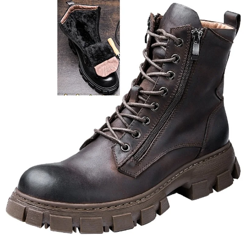 Spring Autumn New British Style Retro Genuine Leather Men Mid-Calf Half Motorcycle Boots Winter Plush Warm Lace Up Boots 60318