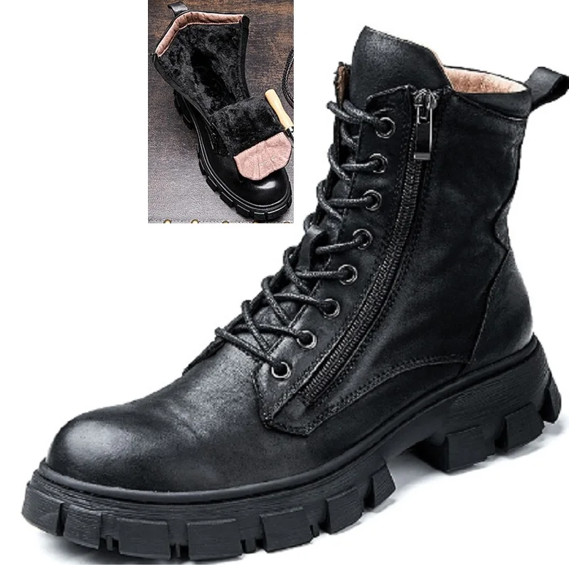 Spring Autumn New British Style Retro Genuine Leather Men Mid-Calf Half Motorcycle Boots Winter Plush Warm Lace Up Boots 60318