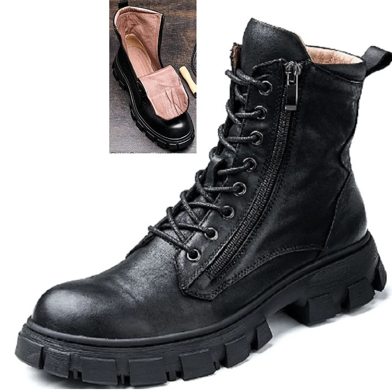 Spring Autumn New British Style Retro Genuine Leather Men Mid-Calf Half Motorcycle Boots Winter Plush Warm Lace Up Boots 60318