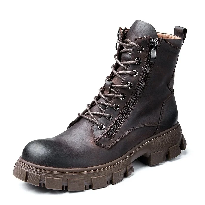 Spring Autumn New British Style Retro Genuine Leather Men Mid-Calf Half Motorcycle Boots Winter Plush Warm Lace Up Boots 60318