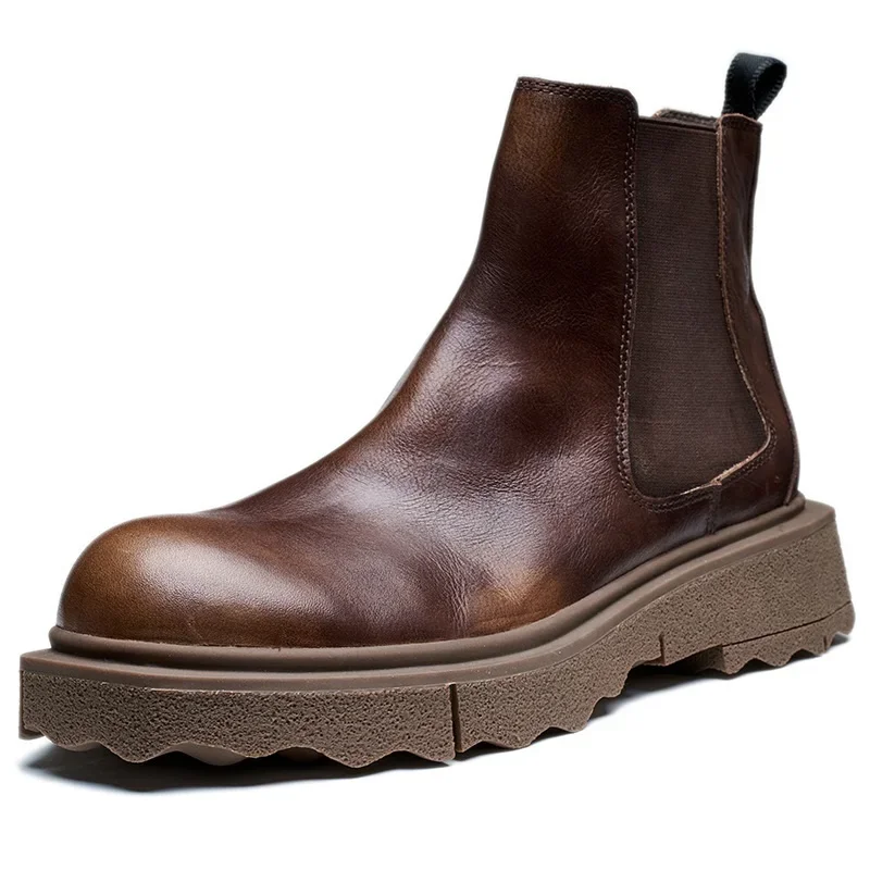 Spring Autumn New British Style Retro Simple Sewing Knight Boots Genuine Leather Men Ankle Winter Plush Short Chelsea Boots 60318