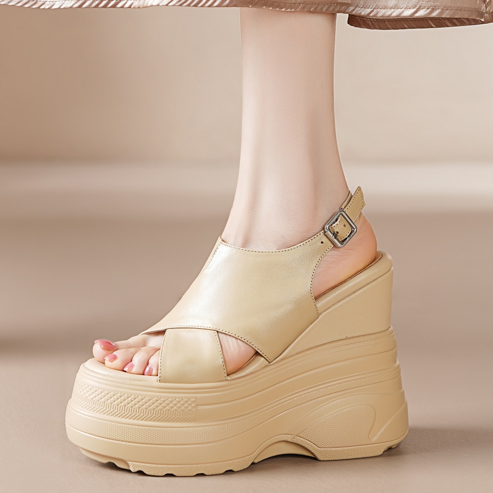Women's Summer New Slim Fit 14 CM Wedge Heel Genuine Leather Cut Out Cross Straps Platform Peep Toe Belt Buckle Backless Sandals 60318