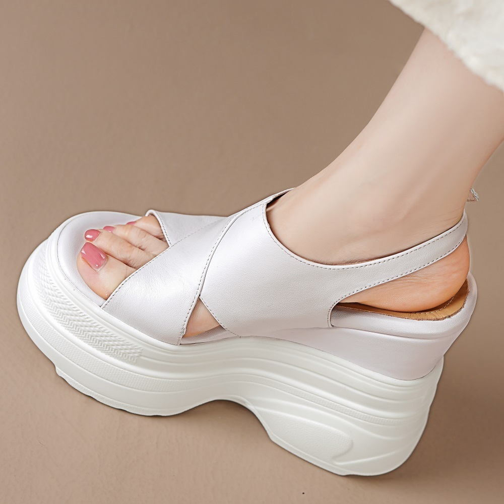 Women's Summer New Slim Fit 14 CM Wedge Heel Genuine Leather Cut Out Cross Straps Platform Peep Toe Belt Buckle Backless Sandals 60318