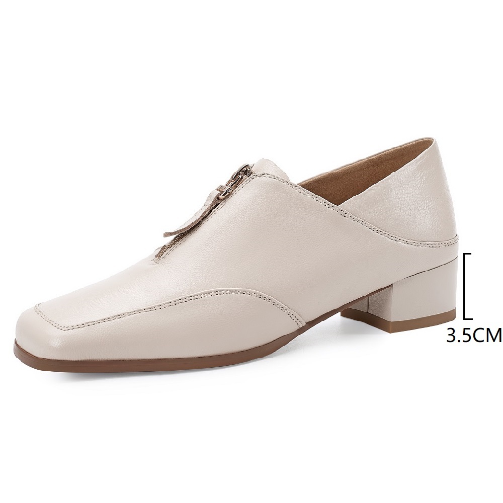 Women's Genuine Leather French Retro Square Toe Zipper 3.5 CM Block Heel Sewing Sheepskin Commuting Versatile Spring Autumn Shoes 60319