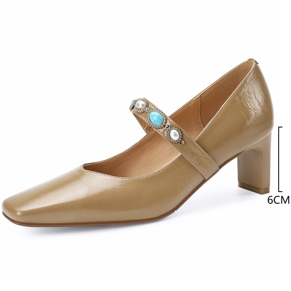 Women's Spring Summer New Genuine Leather Slip-on Low-Cut Shoes Single Band 6 CM Heel Pearl Minimalist French Square Toe Cut Out Ethnic Style Mary Jane Pumps 60319