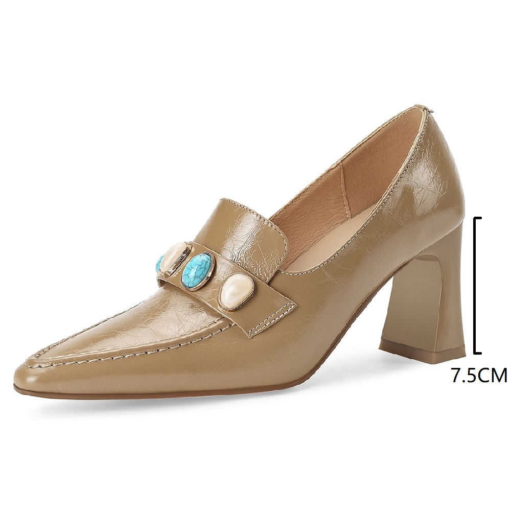Women's Pointed-Toe Slip-On Loafers Slim 7.5 CM Block Heel Ethnic Color-Block Shallow Mouth Stitched Detail Versatile Spring Summer Pumps 60319