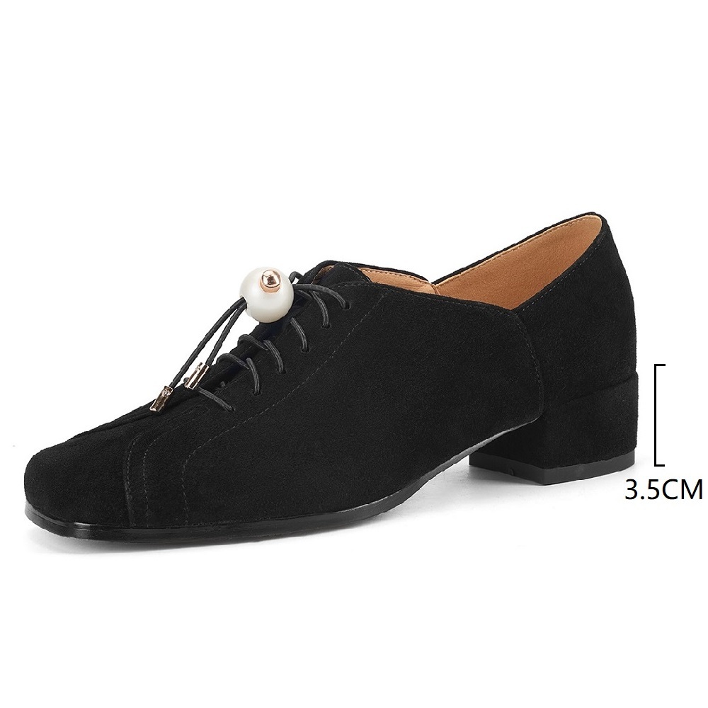 Women's Vintage Suede Sheepskin Square Toe British Style 3.5 CM Block Heel Pearl Cross Strap Commute Versatile Simple Derby Shoes 60319