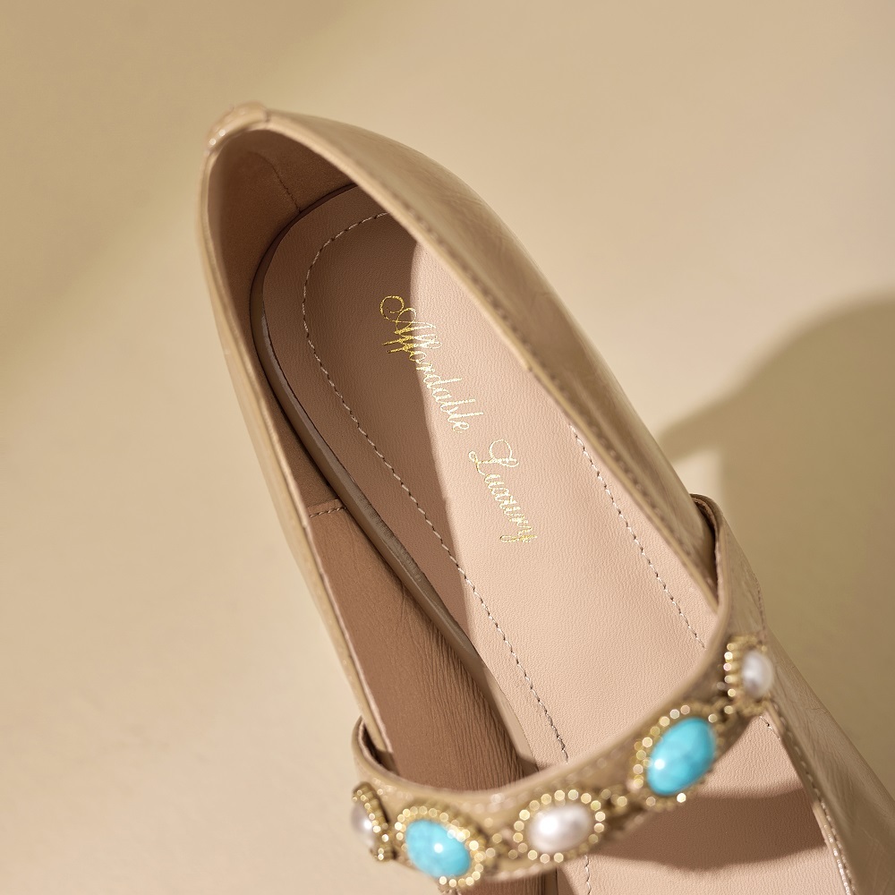 Women's Spring Summer New Genuine Leather Slip-on Low-Cut Shoes Single Band 6 CM Heel Pearl Minimalist French Square Toe Cut Out Ethnic Style Mary Jane Pumps 60319