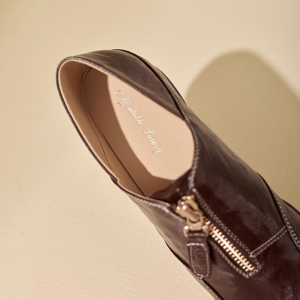 Women's Genuine Leather French Retro Square Toe Zipper 3.5 CM Block Heel Sewing Sheepskin Commuting Versatile Spring Autumn Shoes 60319