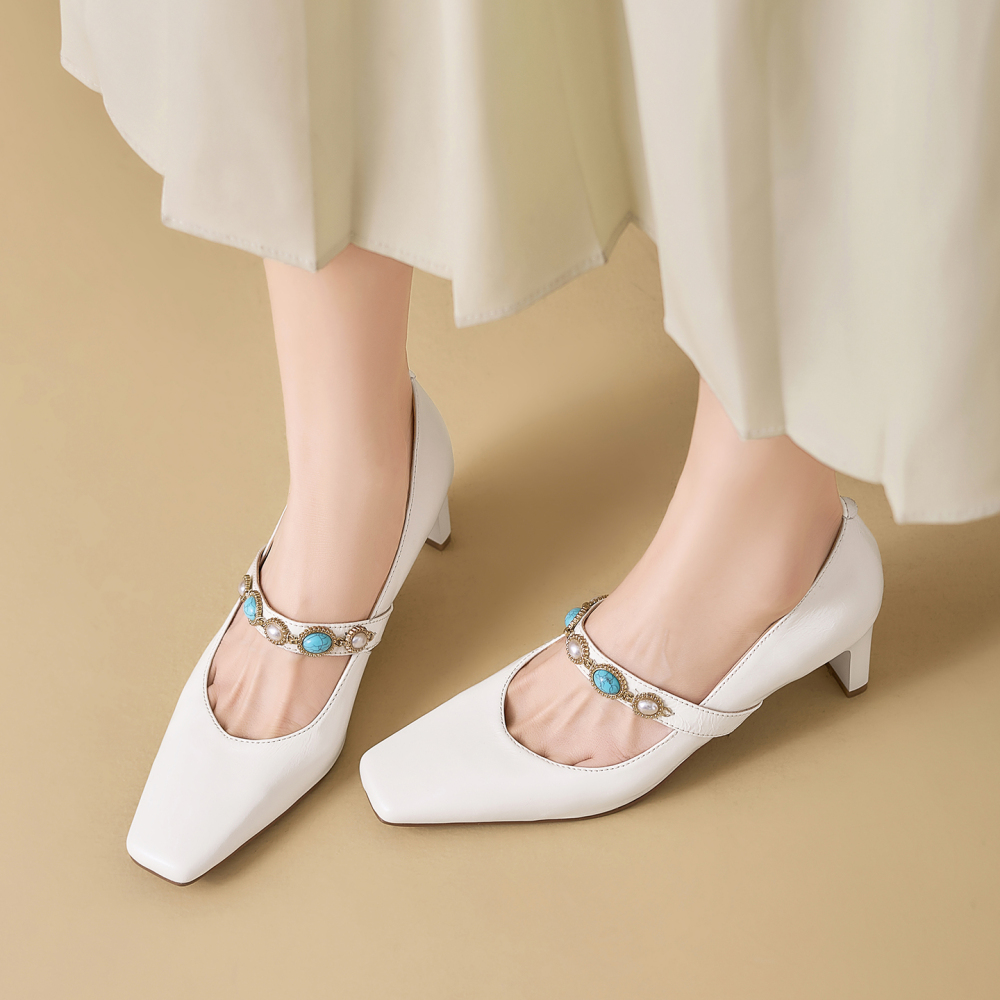 Women's Spring Summer New Genuine Leather Slip-on Low-Cut Shoes Single Band 6 CM Heel Pearl Minimalist French Square Toe Cut Out Ethnic Style Mary Jane Pumps 60319