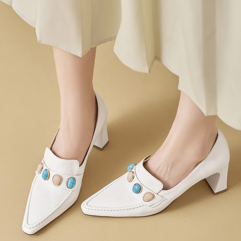 Women's Pointed-Toe Slip-On Loafers Slim 7.5 CM Block Heel Ethnic Color-Block Shallow Mouth Stitched Detail Versatile Spring Summer Pumps 60319