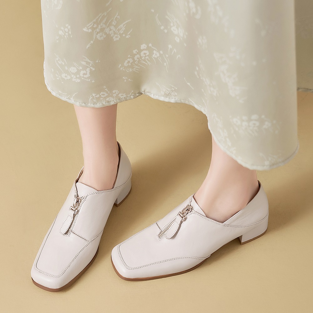 Women's Genuine Leather French Retro Square Toe Zipper 3.5 CM Block Heel Sewing Sheepskin Commuting Versatile Spring Autumn Shoes 60319