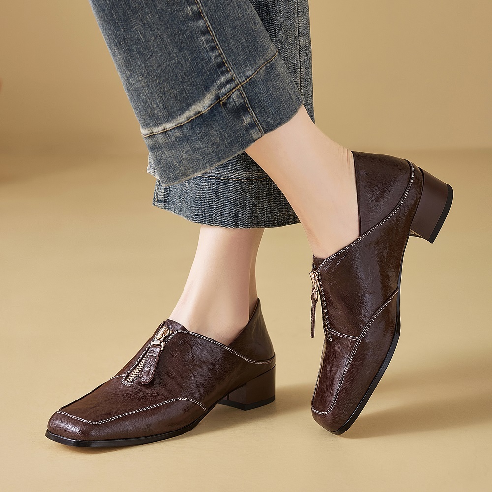 Women's Genuine Leather French Retro Square Toe Zipper 3.5 CM Block Heel Sewing Sheepskin Commuting Versatile Spring Autumn Shoes 60319