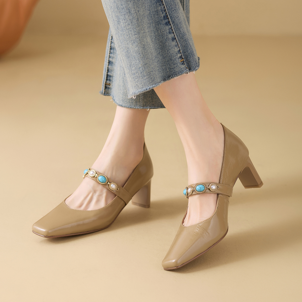 Women's Spring Summer New Genuine Leather Slip-on Low-Cut Shoes Single Band 6 CM Heel Pearl Minimalist French Square Toe Cut Out Ethnic Style Mary Jane Pumps 60319