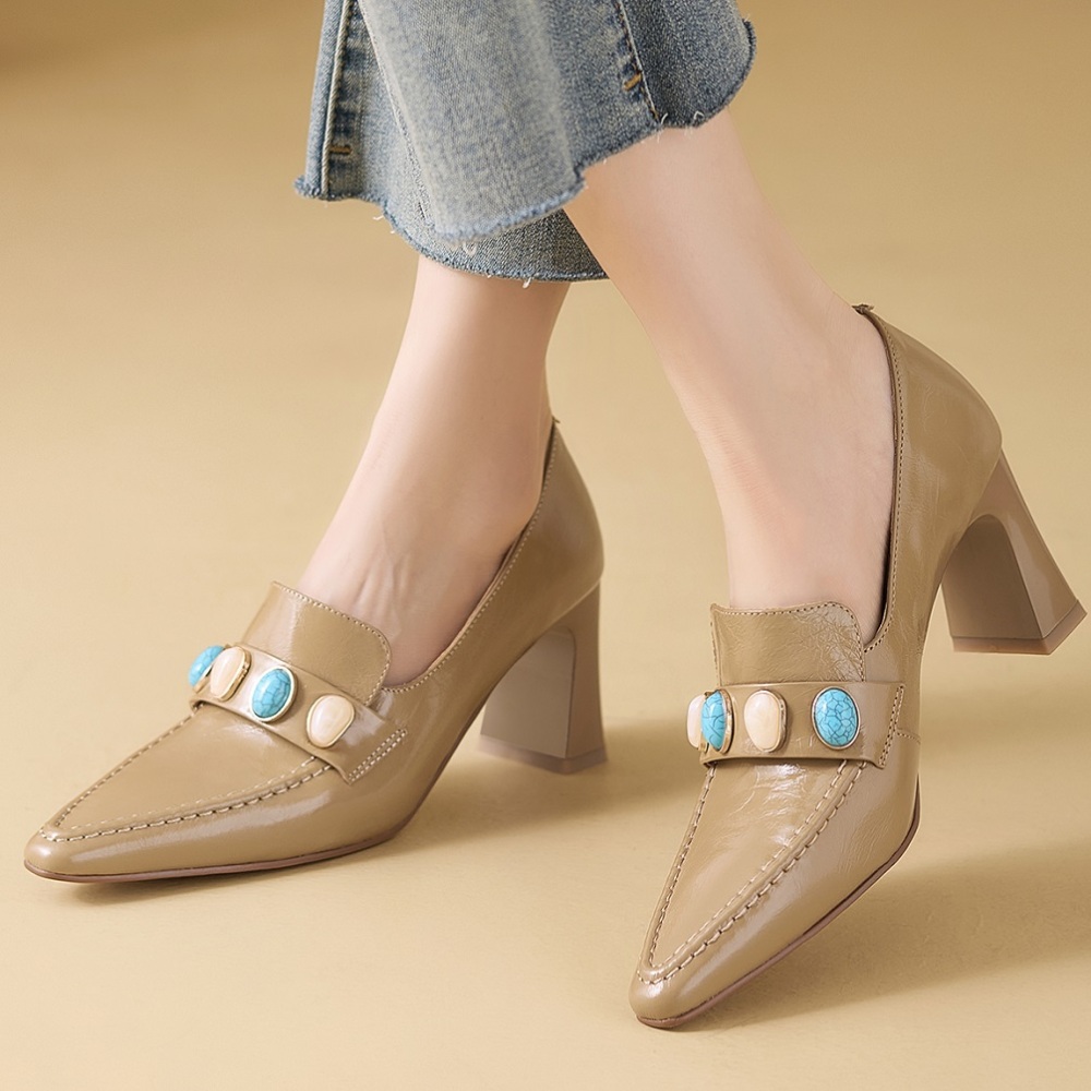 Women's Pointed-Toe Slip-On Loafers Slim 7.5 CM Block Heel Ethnic Color-Block Shallow Mouth Stitched Detail Versatile Spring Summer Pumps 60319