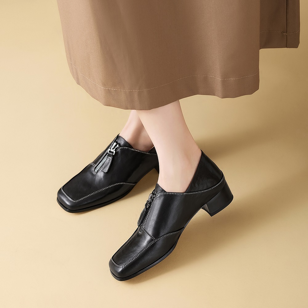 Women's Genuine Leather French Retro Square Toe Zipper 3.5 CM Block Heel Sewing Sheepskin Commuting Versatile Spring Autumn Shoes 60319