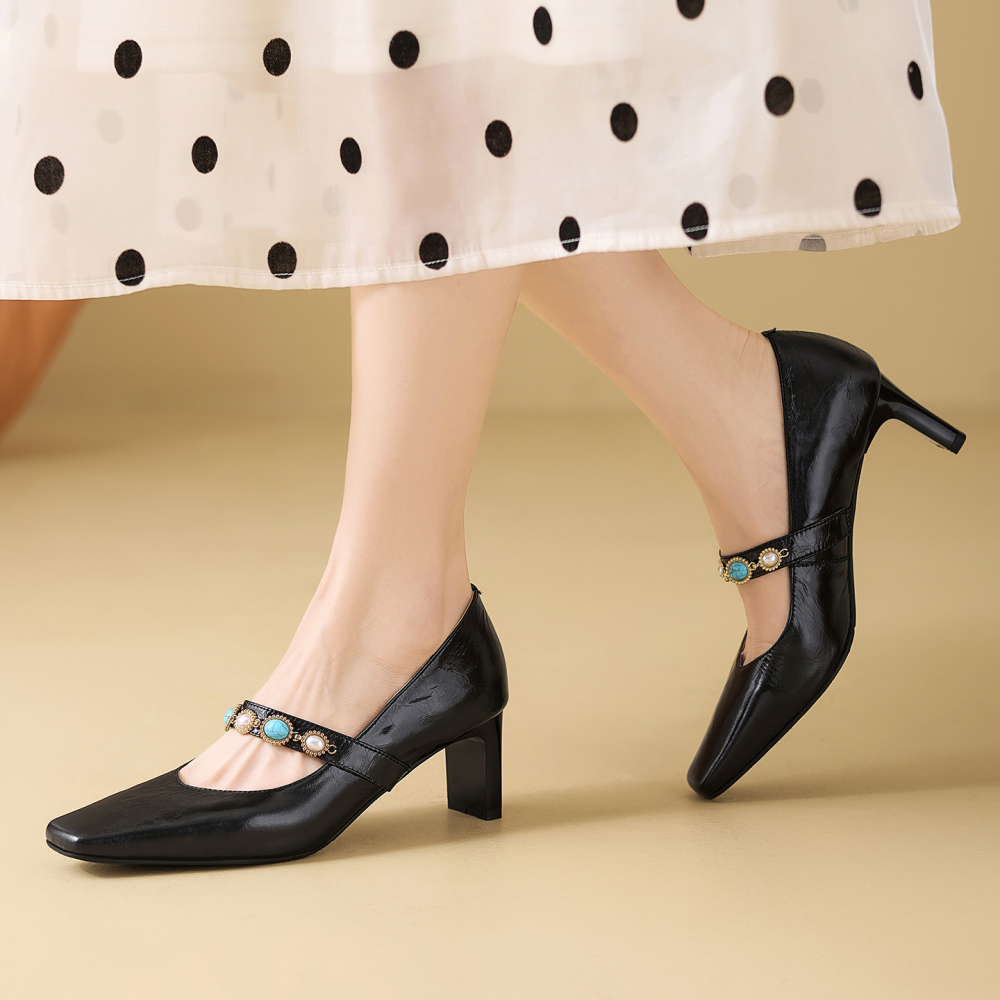 Women's Spring Summer New Genuine Leather Slip-on Low-Cut Shoes Single Band 6 CM Heel Pearl Minimalist French Square Toe Cut Out Ethnic Style Mary Jane Pumps 60319