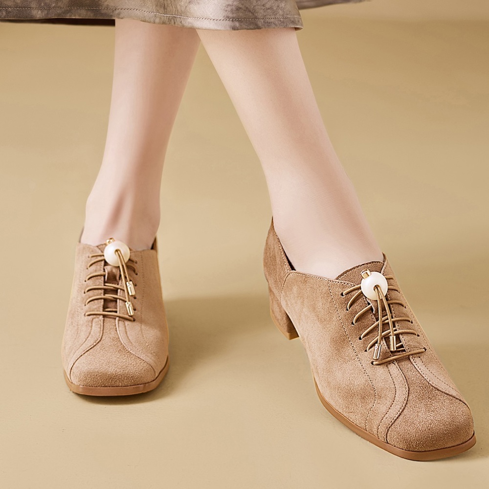 Women's Vintage Suede Sheepskin Square Toe British Style 3.5 CM Block Heel Pearl Cross Strap Commute Versatile Simple Derby Shoes 60319
