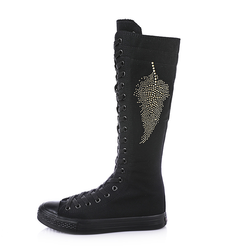 Korean Style Slim Women Knee-High Long Lace Up Boots Flat Heels Cross-tied Crystal Plus Size 42 43 Canvas Ladies Dance Shoes 60319