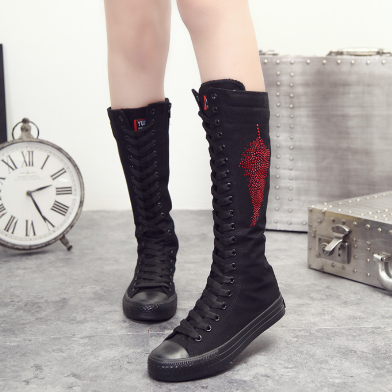 Korean Style Slim Women Knee-High Long Lace Up Boots Flat Heels Cross-tied Crystal Plus Size 42 43 Canvas Ladies Dance Shoes 60319