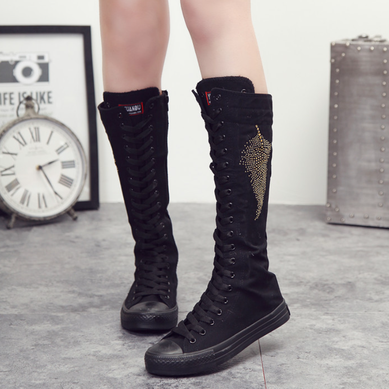 Korean Style Slim Women Knee-High Long Lace Up Boots Flat Heels Cross-tied Crystal Plus Size 42 43 Canvas Ladies Dance Shoes 60319