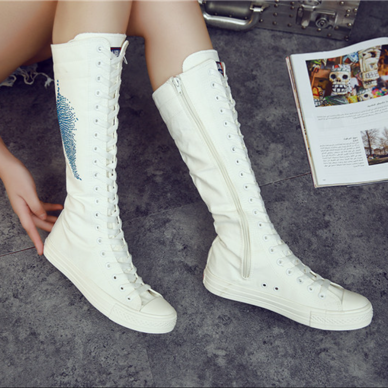 Korean Style Slim Women Knee-High Long Lace Up Boots Flat Heels Cross-tied Crystal Plus Size 42 43 Canvas Ladies Dance Shoes 60319