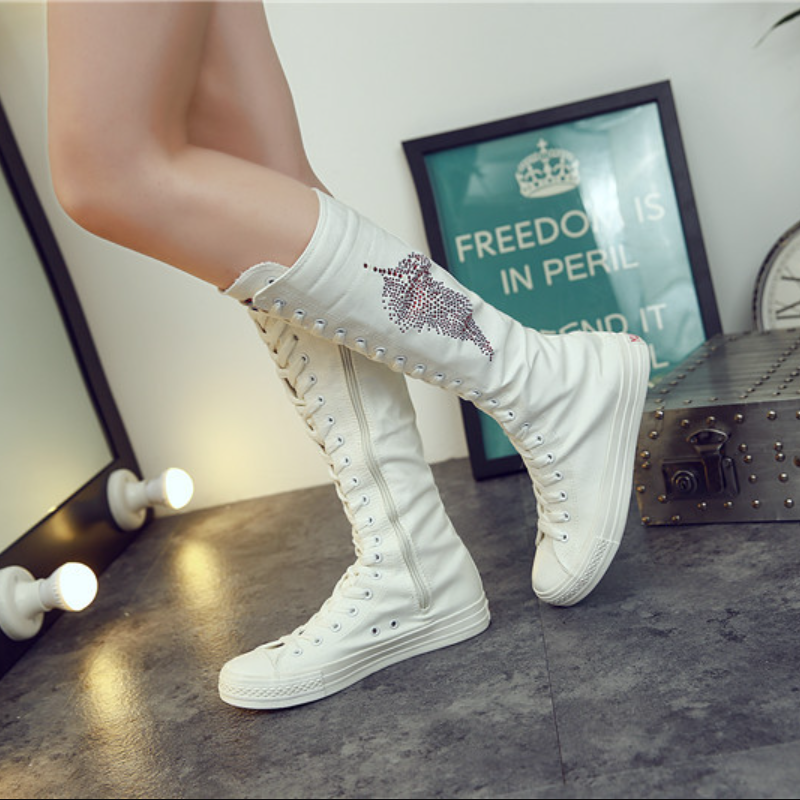 Korean Style Slim Women Knee-High Long Lace Up Boots Flat Heels Cross-tied Crystal Plus Size 42 43 Canvas Ladies Dance Shoes 60319
