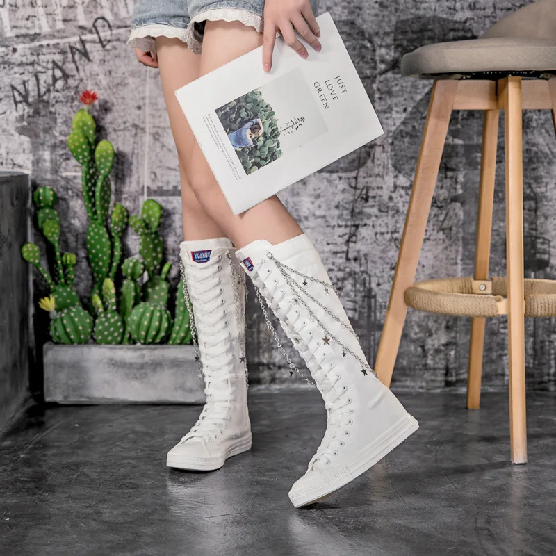 Women Knee-High Knight Boots Punk Style Slim Flat Sole Chic Metal Chain Cross-tied Plus Size 42 43 Canvas Ladies Long Boots 60319