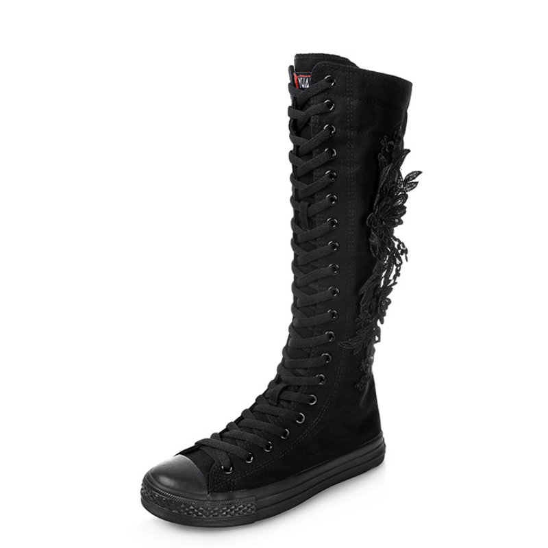 Spring Autumn New National Style Slim Flat Heels Embroidery Zipper Plus Size 40-43 Canvas Pearls Women Knee-High Long Boots 60319