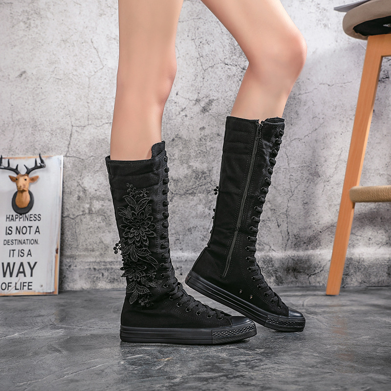 Spring Autumn New National Style Slim Flat Heels Embroidery Zipper Plus Size 40-43 Canvas Pearls Women Knee-High Long Boots 60319