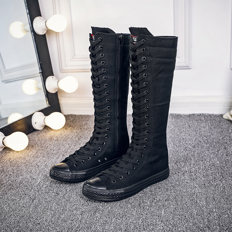 Korean Style Fashion Slim Casual High-top Plus Size 42 43 Canvas Ladies Dance Shoes Zipper Women Long Knee-High Boots 60319