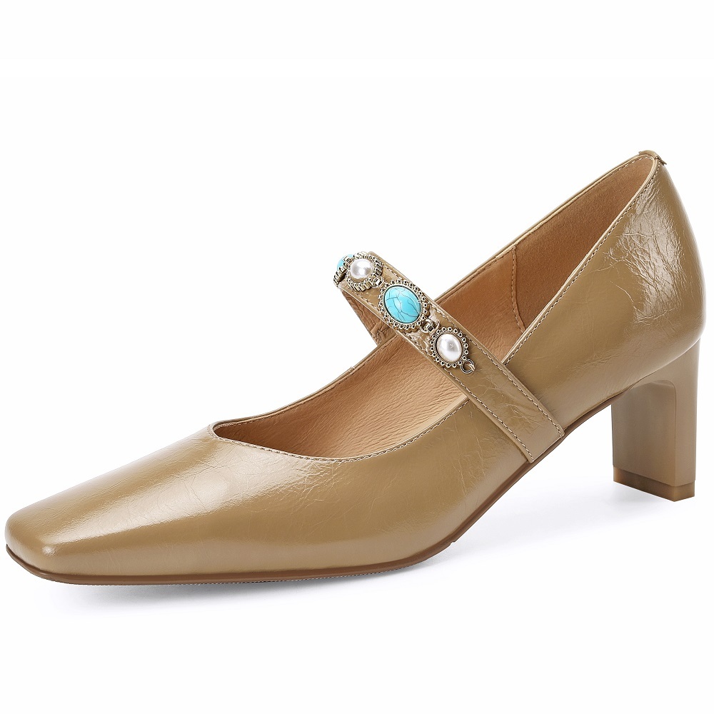 Women's Spring Summer New Genuine Leather Slip-on Low-Cut Shoes Single Band 6 CM Heel Pearl Minimalist French Square Toe Cut Out Ethnic Style Mary Jane Pumps 60319