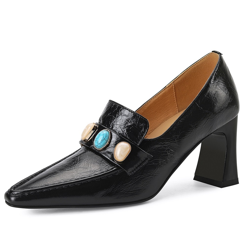 Women's Pointed-Toe Slip-On Loafers Slim 7.5 CM Block Heel Ethnic Color-Block Shallow Mouth Stitched Detail Versatile Spring Summer Pumps 60319
