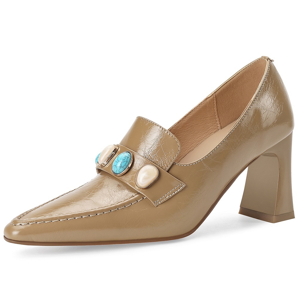 Women's Pointed-Toe Slip-On Loafers Slim 7.5 CM Block Heel Ethnic Color-Block Shallow Mouth Stitched Detail Versatile Spring Summer Pumps 60319