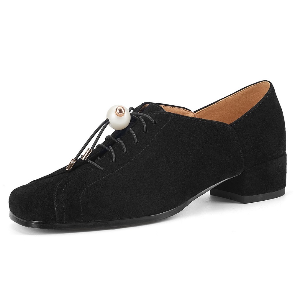 Women's Vintage Suede Sheepskin Square Toe British Style 3.5 CM Block Heel Pearl Cross Strap Commute Versatile Simple Derby Shoes 60319