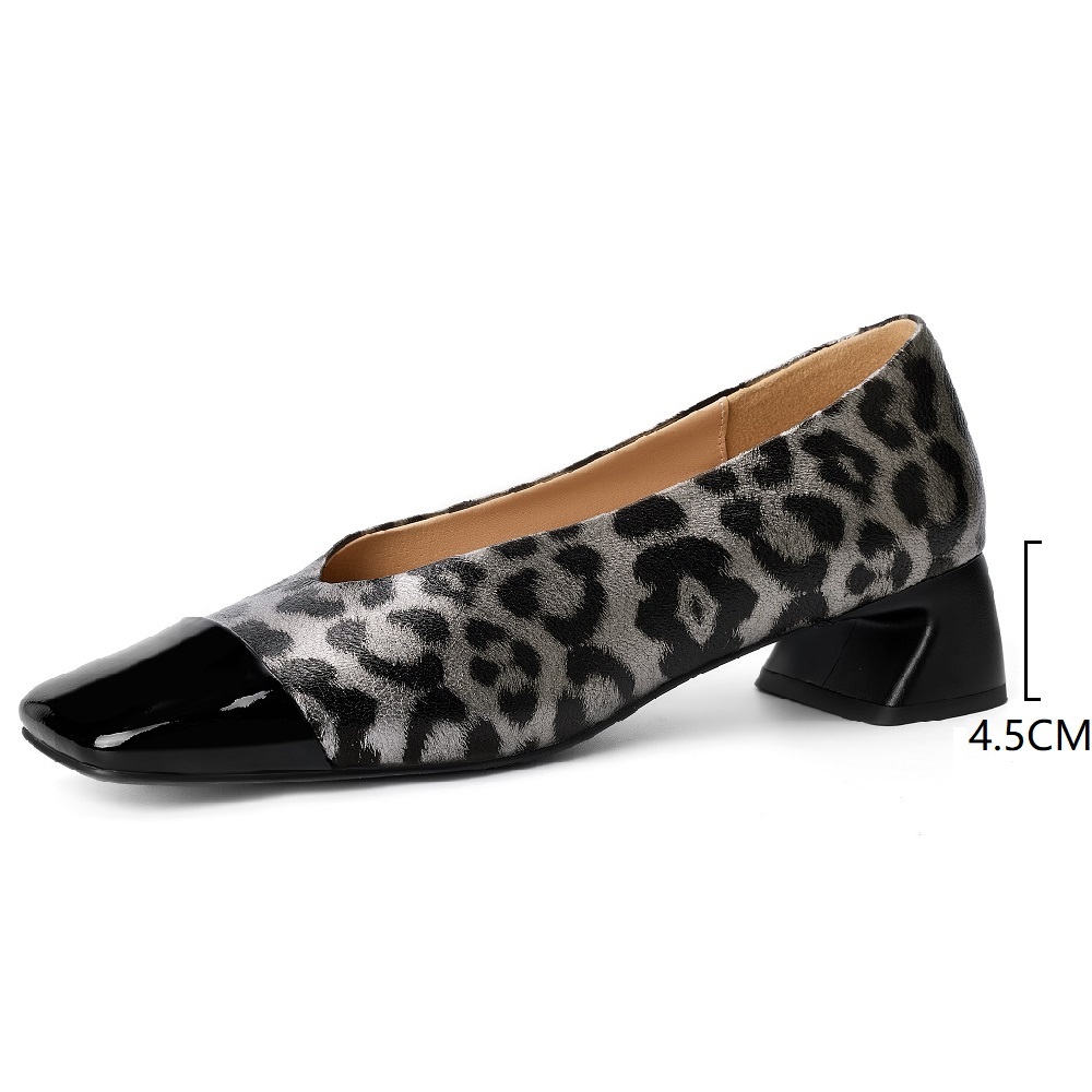 Women's Genuine Leather Fashion Leopard Print French Style Square Toe Color Block Sheepskin Low-Cut Slip-On 4.5 CM Block Heel Commuter Versatile Pumps 60320