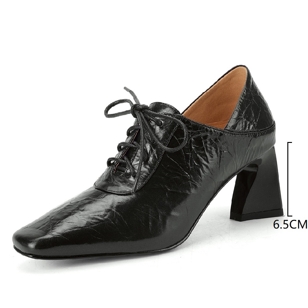Women's Spring Square Heel Leather Pumps 6.5  CM Heel Lace-Up Pure Color Square Toe Elegant British Style Versatile Fashion Single Shoes 60320