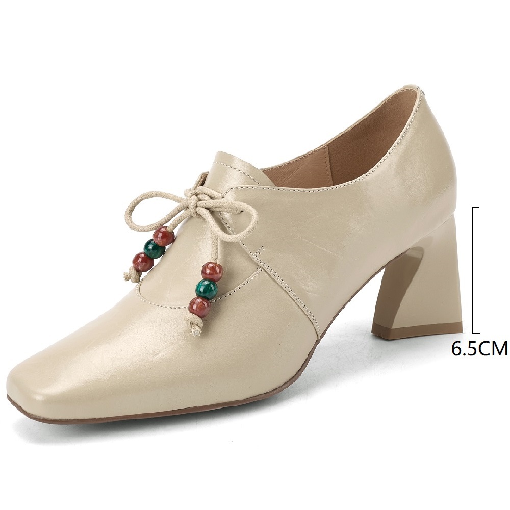 Women's Genuine Leather French Square Toe Lace-Up Beaded 6.5 CM Block Heel Elegant Vintage Commuter Versatile Comfortable Spring Pumps 60320