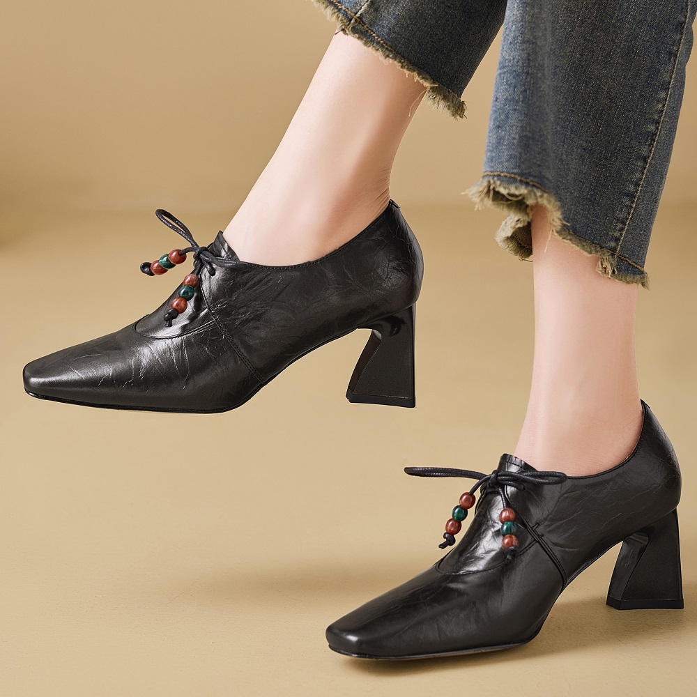 Women's Genuine Leather French Square Toe Lace-Up Beaded 6.5 CM Block Heel Elegant Vintage Commuter Versatile Comfortable Spring Pumps 60320